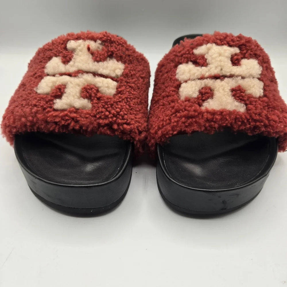 Tory Burch Double T Shearling Flatform Slide Sandals in a vibrant red and cream